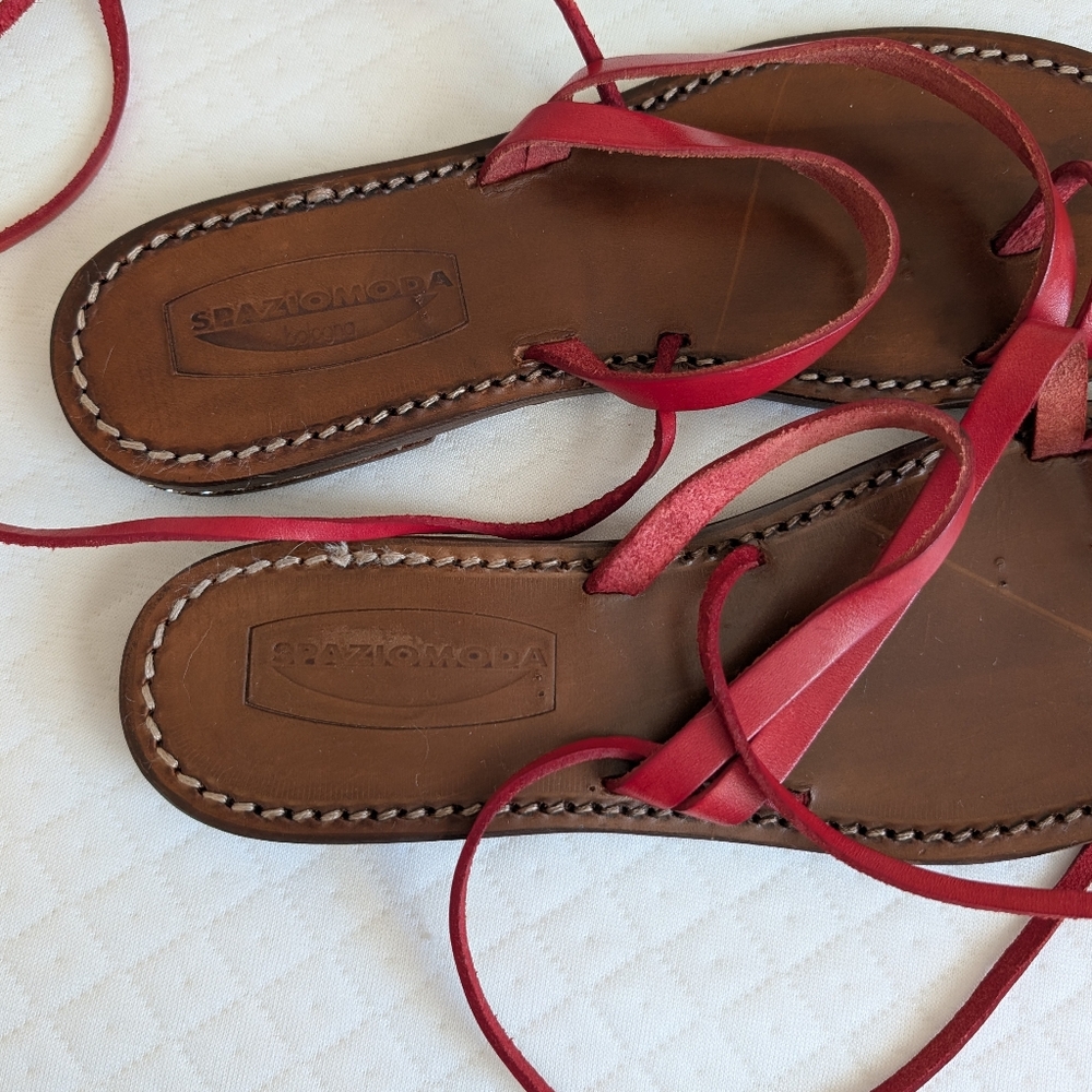Spaziomoda Red Leather Lace-Up Strappy Gladiator Sandal, diamond studs, size 7.5 - Picture 7 of 15